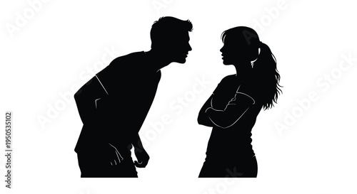 A stark silhouette depicts a tense moment between a man and a woman seemingly engaged in a heated discussion