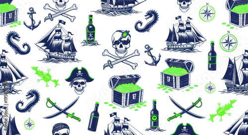 Pirate Treasure Map Elements: Ships, Skulls, Chests, and More - Seamless Pattern
