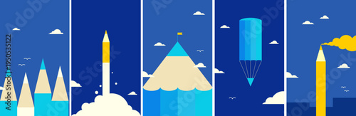 Illustration depicting pencils in various imaginative scenarios, including rockets and mountains, set against a blue sky with clouds. Ideal for creative themes.