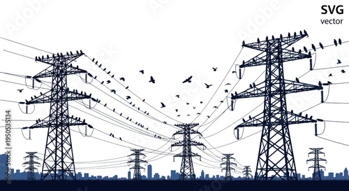 Power lines silhouette with birds and city skyline at dusk, electricity infrastructure