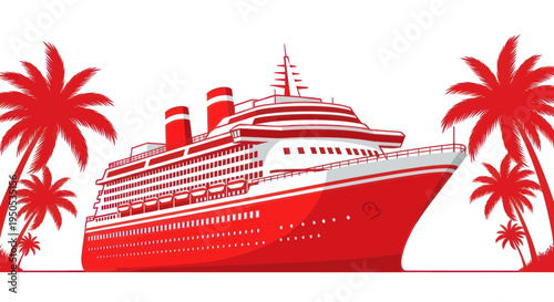 Red Cruise Ship and Palm Trees Illustration
