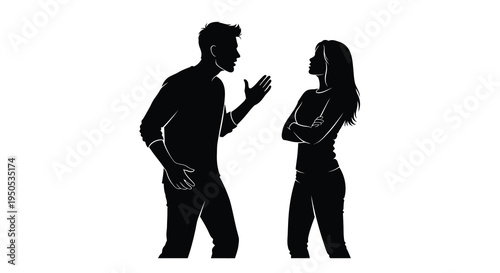 A striking silhouette depicts a tense exchange between a man gesturing and a woman with crossed arms high quality