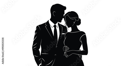 A striking silhouette depicts a formally dressed couple embracing tenderly suggesting romance and a special occasion high quality professional