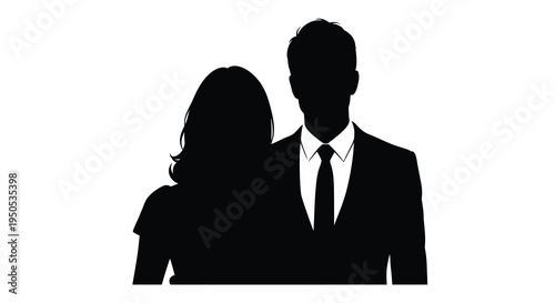 A striking silhouette depicts a woman and a man in formal attire closely positioned and facing forward high quality