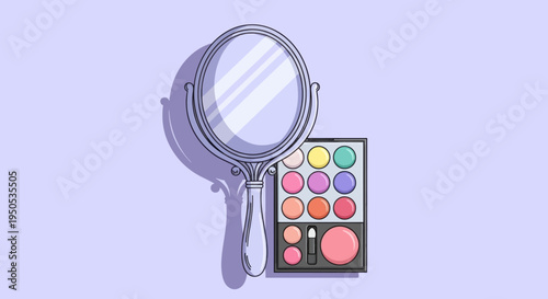 Handheld mirror and colorful makeup palette on a pastel background
