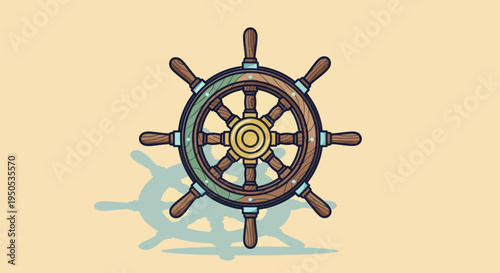 A classic wooden ship wheel illustration on a solid background.