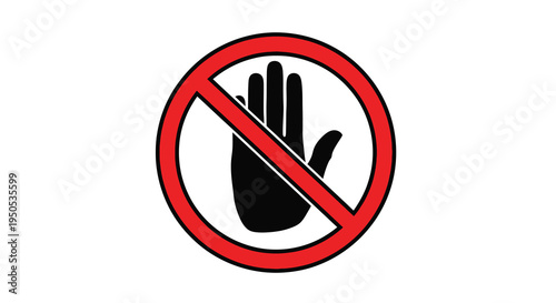 A stark black and white image showcasing a hand within a red circle intersected by a diagonal line indicating prohibition