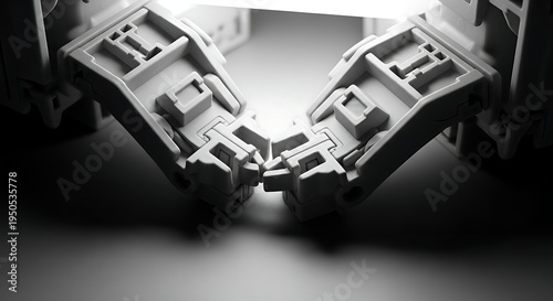 Intricate close-up of a complex white geometric structure with interlocking components, highlighting modern architectural design and mechanical precision in a minimalistic setting