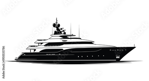 A sleek black and white illustration depicts a large luxurious yacht sailing on calm waters emphasizing design high quality