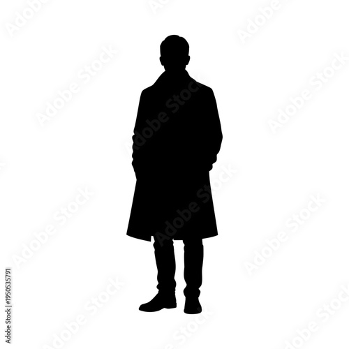 Silhouette of a man in a long coat standing on a white background isolated figure in black shadow with hands in pockets