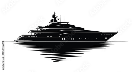 A sleek black and white illustration depicts a luxurious modern yacht floating on calm water reflecting light high quality