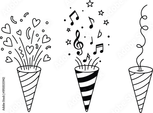 Party poppers exploding with hearts music notes and confetti 