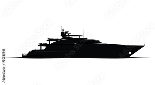 A striking silhouette of a large modern superyacht dominates the frame suggesting luxury and maritime travel high quality professional