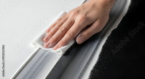 A hand gently wipes a dark, smudged surface with a soft white cloth, creating a pristine, clean streak and symbolizing effective hygiene, thorough maintenance, and a fresh start