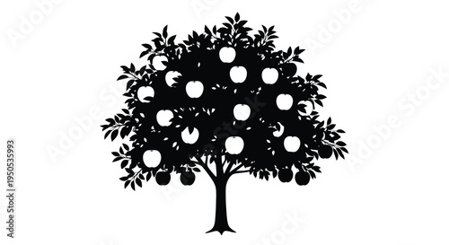 A striking black silhouette depicts a fully grown apple tree laden with ripe fruit showcasing a simple yet elegant design