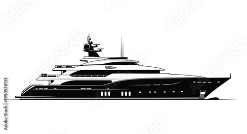 A sleek black and white illustration depicts a large luxurious yacht at sea showcasing its modern design high quality professional detailed