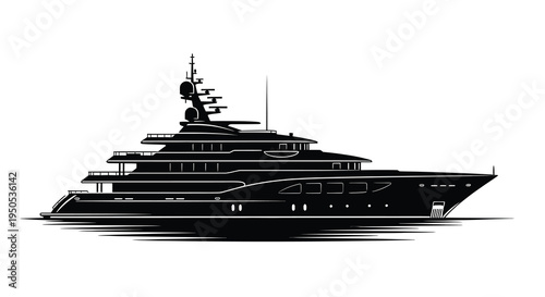 A sleek black silhouette of a large luxury yacht is presented on a white background depicting maritime opulence
