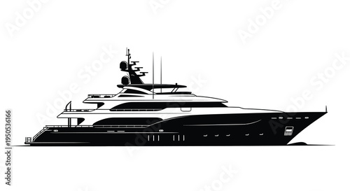A striking black and white illustration depicts a luxurious modern superyacht floating on calm waters high quality professional detailed