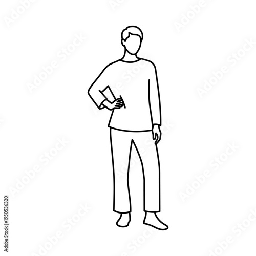 Man standing with hand on hip holding object in black and white minimalist illustration