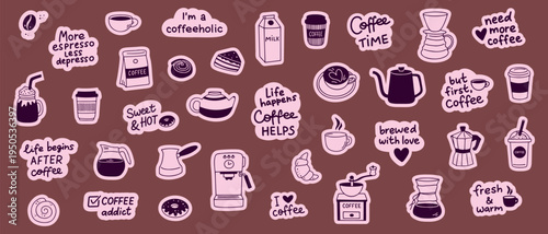 Coffee doodle stickers hand drawn icon set. Cute coffee design elements and lettering quotes for menu design. Line art clipart symbols.