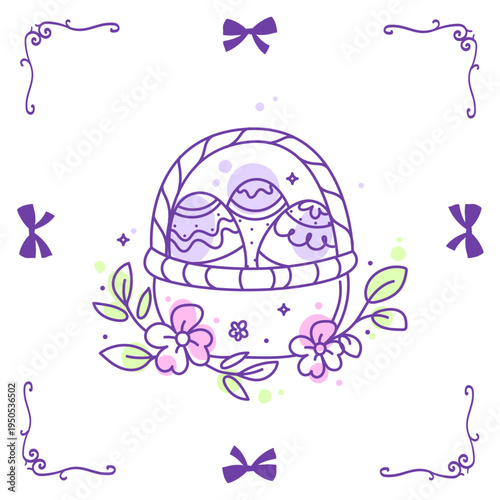Cute hand drawn Easter basket with decorated eggs flowers and leaves in soft pastel colors vector illustration for greeting cards invitations stickers social media packaging and holiday design