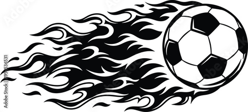 Soccer ball with flames trailing black and white sport action dynamic motion