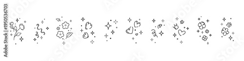 Minimal hand drawn doodle icon set with stars hearts flowers leaves sparkles and abstract symbols in line style vector elements for stickers stationery social media scrapbooking packaging and design