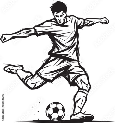 Soccer Player Kicking Ball Dynamic Action Line Art Sports Competition Graphic Illustration engraving art design