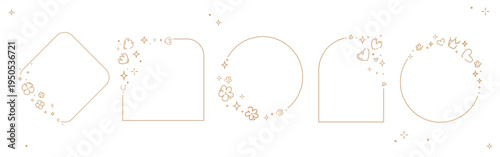 Minimal geometric frame set with star heart flower sparkle and swirl doodle elements in thin line style for logo design social media branding packaging stationery and invitations.Vector illustration