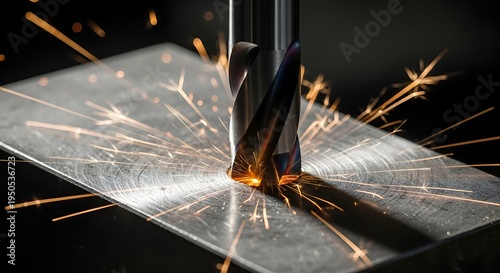 Dynamic close-up of a powerful drill bit precisely cutting into a metallic surface, creating a vibrant shower of fiery sparks during an intensive industrial machining operation