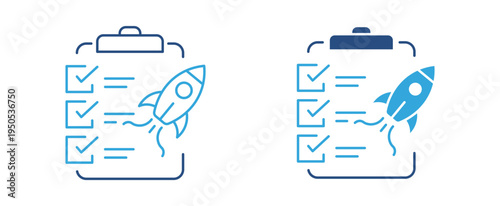 Startup launch checklist icon set. Clipboard task list with rocket icon, project planning and business startup concept. Vector illustration.