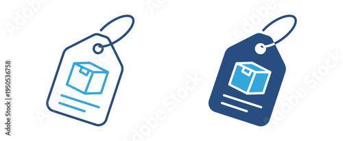 Product price tag icon set. Label tag with package box icon, retail product labeling and ecommerce pricing concept. Vector illustration.