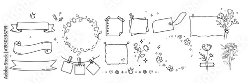 Hand drawn doodle element set with ribbon banner frame note paper flower and decorative symbols in minimal line style icons for sticker stationery scrapbooking packaging invitation and branding.Vector