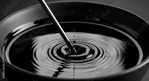 Abstract macro shot of a stirring tool creating ripples in a dark liquid, exploring fluid dynamics and surface tension in a minimalist aesthetic