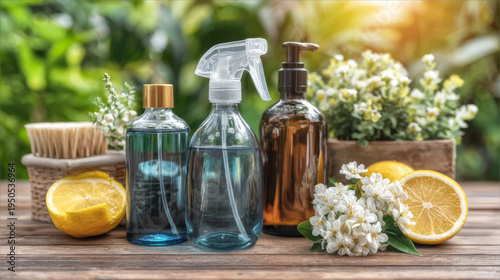 Eco friendly cleaning products with lemons, white blossoms, and a brush on wood, symbolizing natural home care and sustainability