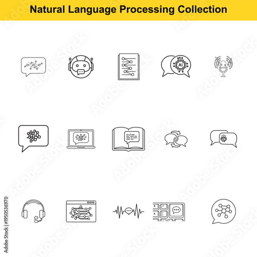 A collection of simple line drawings illustrates elements of natural language processing.