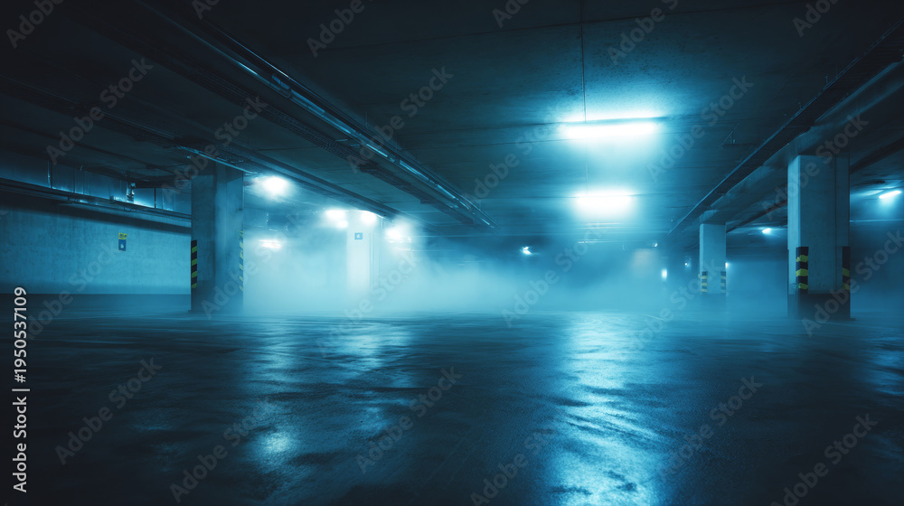 Naklejka premium Underground parking garage featuring blue lighting and atmospheric mist. Wet floor reflecting light, creating a mysterious and deserted space