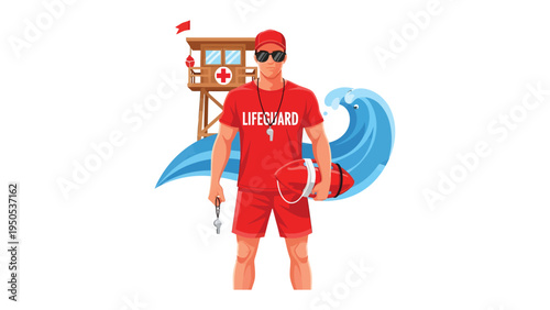 Lifeguard Ready for Action: A lifeguard stands tall against the backdrop of the ocean, fully prepared to ensure safety. The image highlights a commitment to service, vigilance.