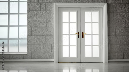 Frosted glass double doors opening into a contemporary office, featuring brass handles, a textured stone block wall, and reflective floor