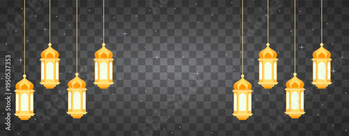 Golden Islamic lanterns hanging on a transparent background with subtle light particles, suitable for festive designs and cultural celebrations.