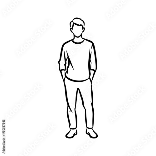 Man standing with hands in pockets casual outfit simple line drawing black and white illustration faceless person