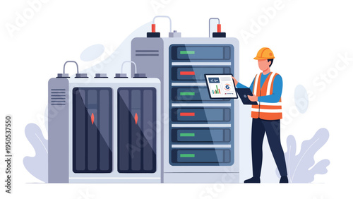 Server Room Inspection: A diligent technician in a high-visibility vest and hard hat meticulously reviews data on a tablet, overseeing a state-of-the-art server room.