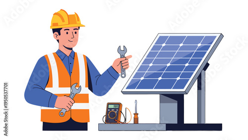 Solar Panel Technician: A skilled technician, equipped with tools, diligently inspects a solar panel, embodying the future of energy
