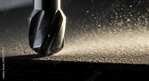 High-speed precision cutting tool actively shaping a dark material, generating a luminous cloud of fine particles, highlighting the intricate mechanics of industrial fabrication