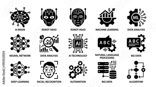 Collection of AI and machine learning icons depicting various technologies and concepts
