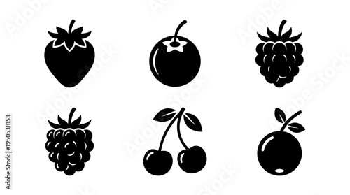 A collection of six black silhouette fruits including strawberries, cherries, and berries on a white background