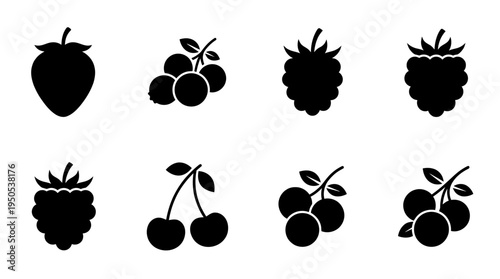 A collection of silhouette fruit icons including strawberries, berries, and cherries on a white background