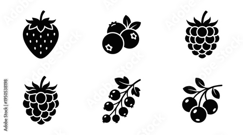 Collection of Black Silhouette Fruit Icons Featuring Strawberries, Blueberries, and Raspberries