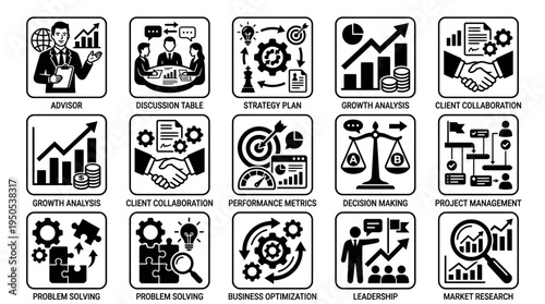 Icons representing business concepts such as growth analysis, client collaboration, and project management