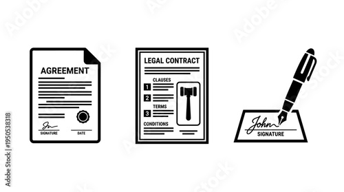 Three illustrations depicting legal documents and a signature process in a minimalist style